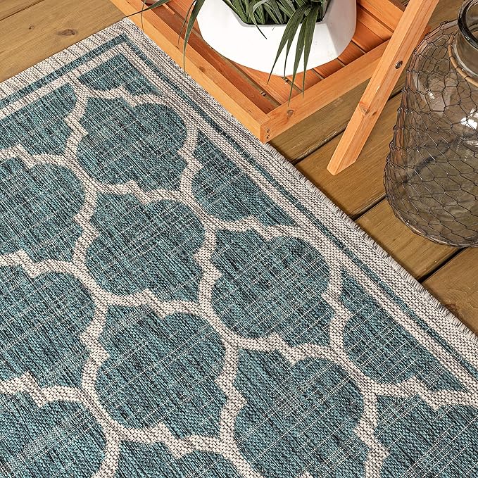 Eyely BMS109E-210 Santa Monica Trebol Moroccan Trellis Textured Weave Indoor/Outdoor Runner Rug Coastal;Bohemian, Bedroom, Backyard, Patio, Easy-Cleaning, Non-Shedding, 2 X 10, Teal/Gray