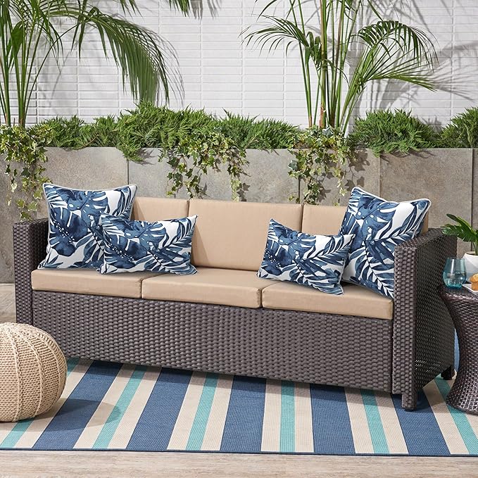 Outdoor Throw Pillows Inners, Fade Resistant Patio Furniture Square Pillows with Piping Set of 2, 18x18 Inch, Palm Blue