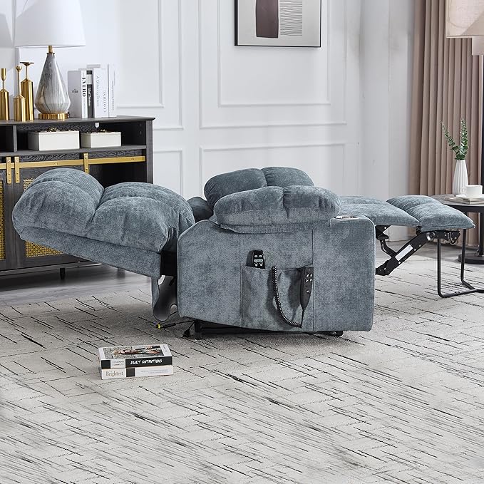 Oversized Recliner with Massage and Heating, Power Lift Chairs for Elderly, Extra Wide Recliner Chair for Living Room with Cup Holders, Dual Motor, Chenille Fabric - Grayish Blue