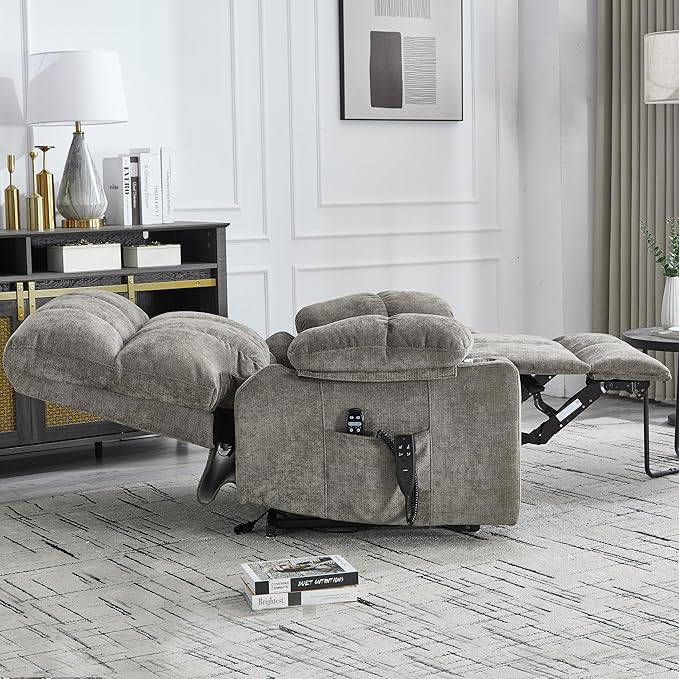 Oversized Recliner with Massage and Heating, Power Lift Chairs for Elderly, Extra Wide Recliner Chair for Living Room with Cup Holders, Dual Motor, Chenille Fabric - Brown
