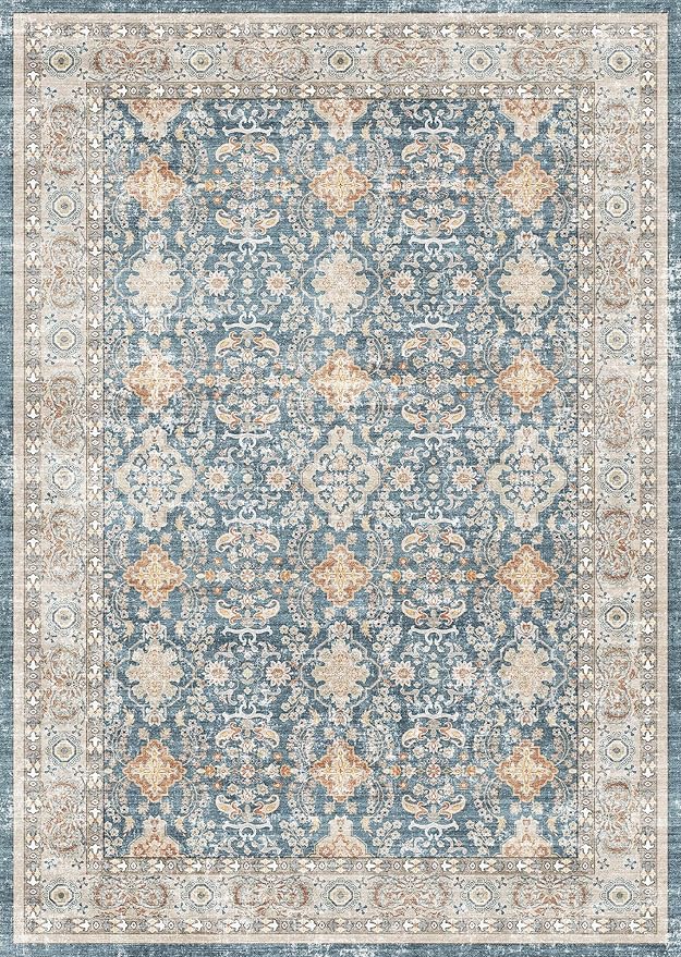 Area Rugs for Living Room: 9x12 Washable Rug Vintage Boho Floral Print - Ultra Thin Stain Resistant Large Soft Non Slip Foldable Carpets for Bedroom Dining Room Office Nursery - Blue