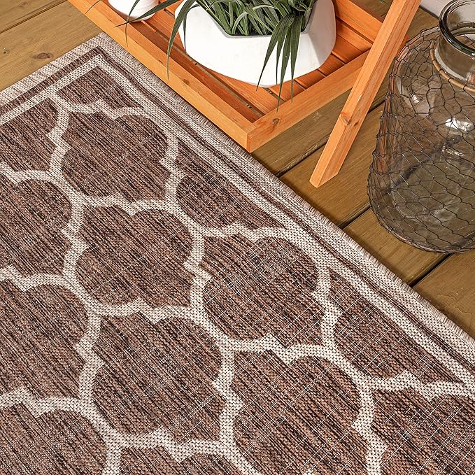 Eyely BMS109B-5SQ Santa Monica Trebol Moroccan Trellis Textured Weave Indoor/Outdoor Area Rug Coastal;Bohemian, Bedroom, Backyard, Patio, Easy-Cleaning, Non-Shedding, 5' Square, Espresso/Taupe