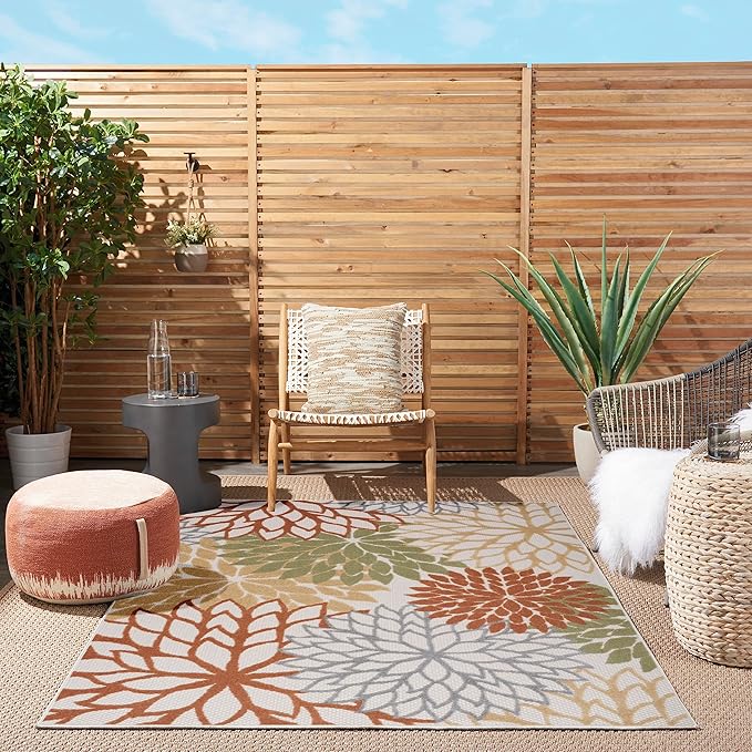 Nourison Home Aloha Indoor-Outdoor Ivory Multicolor 5'3" x 7'5" Area Rug, Easy Cleaning, Non Shedding, Bed Room, Living Room, Dining Room, Backyard, Deck, Patio (5x7)