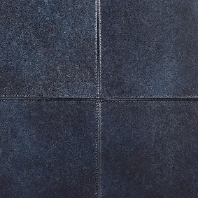 Poly & Bark Sequoia Ottoman – 35” Square Pouf with Feather-Down Topper – Full-Grain Leather Upholstered Pouf Ottoman for Living Room – Italian Leather in Midnight Blue