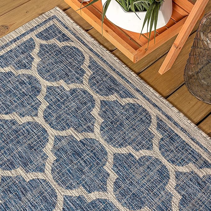 Eyely BMS109D-210 Santa Monica Trebol Moroccan Trellis Textured Weave Indoor/Outdoor Runner Rug Coastal;Bohemian, Bedroom, Backyard, Patio, Easy-Cleaning, Non-Shedding, 2 X 10, Navy/Gray