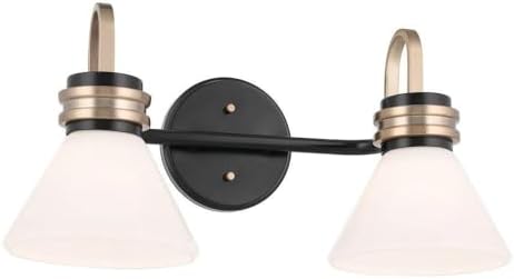 Farum 19.25 Inch 2 Light Vanity Light with Opal Glass in Black with Champagne Bronze Accents, Damp Rated, for Bathroom, Over Vanity, or Jack and Jill Layout (19.25" W x 9.5" H x 9.5" Ext.) 55154BK