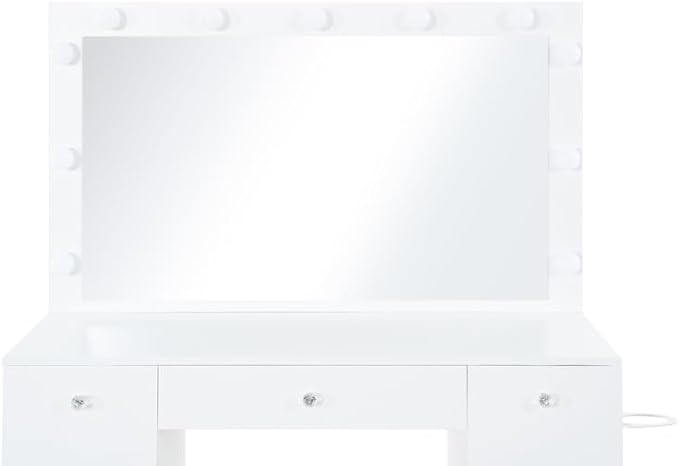 Natural Beauty Luxury Makeup Desk with Mirror, 11 Lights, Adjustable Brightness & 3 Lighting Modes, 7 Soft-Close Drawers, Crystal Knobs, USB & Power Outlets, Makeup Station (Stool Included)