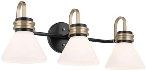 KICHLER Farum 26 Inch 3 Light Vanity with Opal Glass in Black with Champagne Bronze Accents for Bathrooms and Powder Rooms, (26" W x 9.5" H x 9.5" D), 55155BK