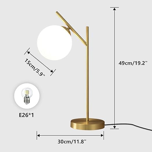 Globe Table Lamp Set of 2, Brass Glass Globe Desk Lamp with Milky White Glass Shade, Contemporary Metal Bedside lamp for Bedroom Living Room Study Room