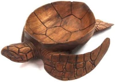 WorldBazzar Hand Carved Mahogany Wood Nautical Turtle Bowl, Brown, medium