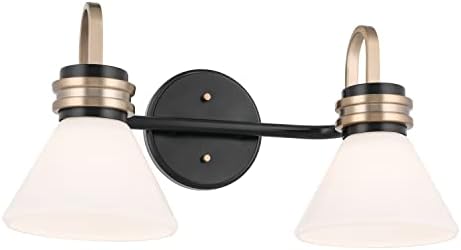 Farum 19.25 Inch 2 Light Vanity Light with Opal Glass in Black with Champagne Bronze Accents, Damp Rated, for Bathroom, Over Vanity, or Jack and Jill Layout (19.25" W x 9.5" H x 9.5" Ext.) 55154BK