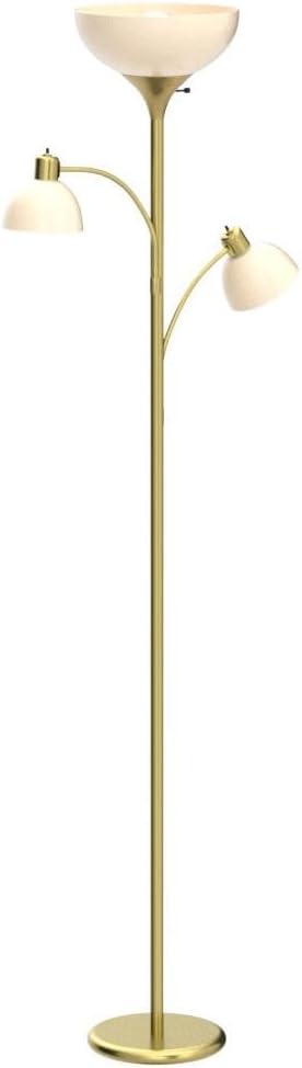 Brightech Sky Dome Double LED Floor lamp, Torchiere Super Bright Floor Lamp with 2 Reading Lamps for Living Rooms & Offices - Dimmable Tall Standing Lamp for Bedroom Reading - Tall Brass Pole