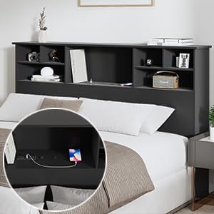 King Size Headboard only for Bedroom, Stylish King Bookcase Headboard with Built-in Charging Station & 2 LED Lights, Noise-Free Wood HeadBoard with Storage, Bookshelf Headboards Black