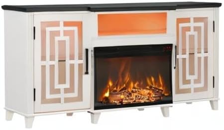JXQTLINGMU Fireplace TV Stand for 75" TV, 32" Tall Farmhouse Entertainment Center with 26'' Electric Fireplace & LED Light, Rustic Media Console with 2 Large Storage Cabinets for Living Room, White