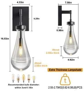Raindrop Wall Sconces Set of Two Black Sconces Wall Decor Modern Brass Wall Lighting Glass Bathroom Sconces Indoor Vanity Light Wall Lamp for Bedroom Living Room Stair
