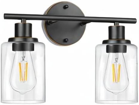FOLKSMATE Bathroom Light Fixtures, 2-Light Oil Rubbed Bronze Vanity Light, Vintage Wall Sconces Lighting, Modern Bath Wall Mounted Lighting with Glass Shade, Porch Lamp for Mirror, Living Room
