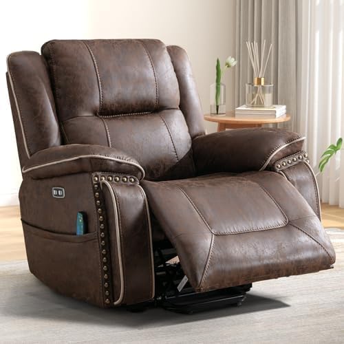 Phoenix Home Dual Motor Power Lift Chair for Elderly, Lift Chairs with Massage and Heat, Leather Electric Chairs for Adults, Recliner Chair with USB, 2 Concealed Cup Holders, Brown