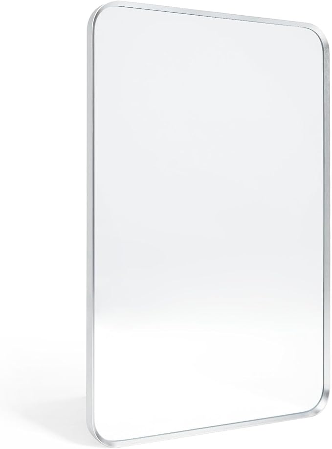 Wall Mount Mirror for Bathroom, Brushed Silver Metal Framed Rounded Corner Rectangular Vanity Mirror (24" x 36", Silver)