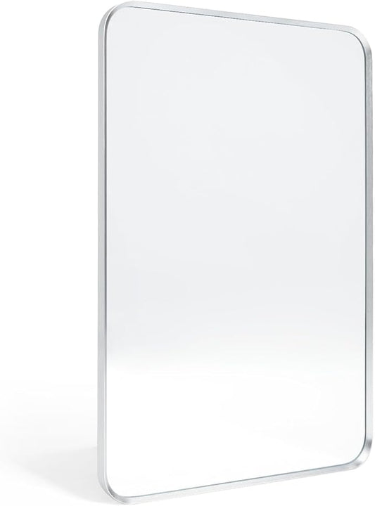 Wall Mount Mirror for Bathroom, Brushed Silver Metal Framed Rounded Corner Rectangular Vanity Mirror (24" x 36", Silver)