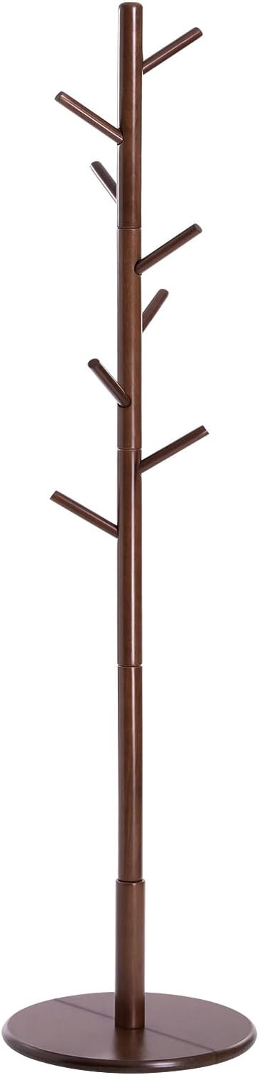 VASAGLE Solid Wood Coat Rack, Free Standing Hall Coat Tree with 8 Hooks, 3 Height Options, for Coats, Hats, Bags, Purses, for Entryway, Hallway, Rubberwood Hooks and Pole, Dark Walnut URCR009W01