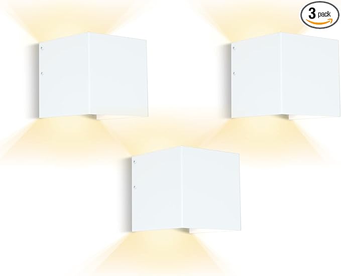 HEQIQEH White Modern Battery Operated Wall Sconces, LED Cube Indoor Up and Down Wall Lamp with Remote Control, Dimmable Cordless Wall Lighting Fixtures for Living Room,Bedside (White - 3 Pack)