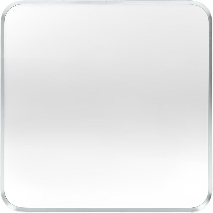 Wall Mount Mirror for Bathroom, Brush Silver Metal Framed Rounded Corner Square Rectangular Vanity Mirror (30" x 30", Silver)