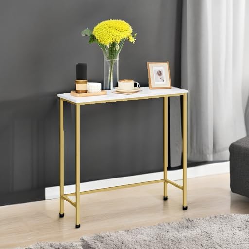 HOOBRO Narrow Console Table, 29.5" Small Entryway Table, Thin Sofa Table, Side Table, Display Table, for Hallway, Bedroom, Living Room, Foyer, White and Gold DW75XG01