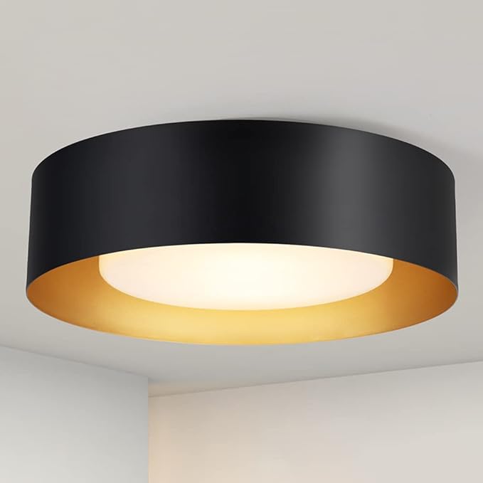 Modern Black and Gold Flush Mount Ceiling Lights, 16.5" Minimalist Glass Round Ceiling Lighting, Drum Close to Ceiling Light Fixtures for Living Room, Bedroom, Dining Room, Kitchen, Hallways
