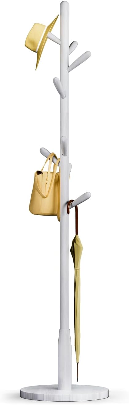 Solid Wood Round Base Coat Rack, Free Standing Hall Coat Tree with 8 Hooks（+2 spare for Coats, Hats, Bags, Purses, for Entryway, Hallway, Rubberwood Hooks,Base and Pole(Round Base,White)