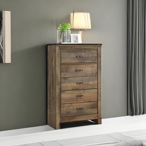 Signature Design by Ashley Trinell Rustic 5 Drawer Chest of Drawers with Nailhead Trim, Warm Brown