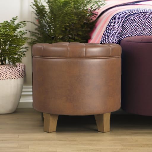HomePop Home Decor | Upholstered Round Faux Leather Tufted Foot Rest Ottoman | Ottoman with Storage for Living Room & Bedroom | Decorative Home Furniture, Brown Faux Leather