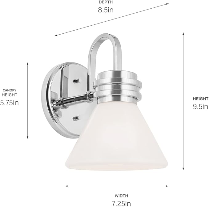 KICHLER Farum 7.25" 1-Light Wall Sconce with Opal Glass in Chrome, for Fireplace, Kitchen, Bedroom, Hallway, or Vanity, (7.25" W x 9.5" H) 55153CH