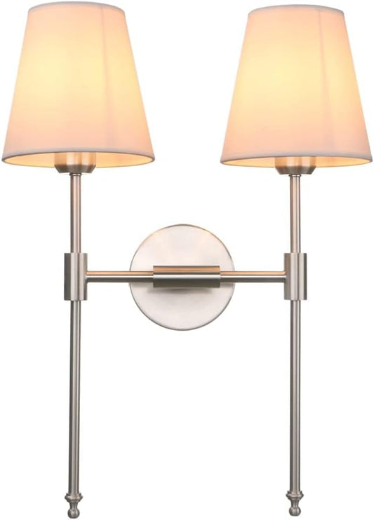 PERMO Classic Transitional Double Sconce 2-Lights Wall Sconce Lighting Fixture with Flared White Textile Lampshade and Brushed Nickel Finished Long Arm for Indoor Bathroom Bedroom Bedside