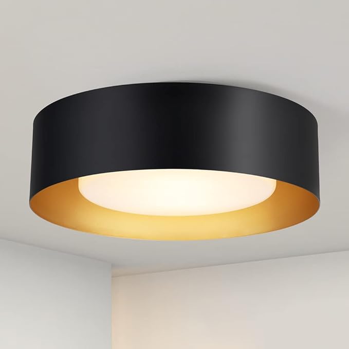 Modern Black and Gold Flush Mount Ceiling Lights, Glass Round Ceiling Lighting, Minimalist Drum Close to Ceiling Light Fixtures for Bedroom, Dining Room, Bathroom, Hallways, Living Room