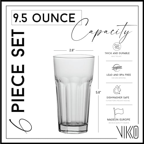 Vikko Drinking Glasses, Set of 6 Juice Glasses 9.5 Oz, Thick and Sturdy Kitchen Glasses, Dishwasher Safe Highball Glass Tumbler, Heavy Duty Cups, Water Glasses