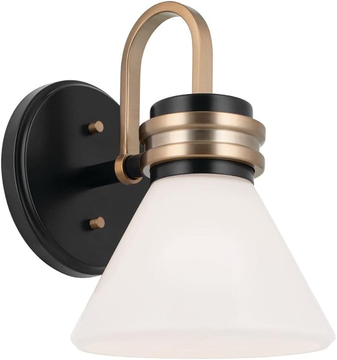 KICHLER Farum 1-Light Wall Sconce, Modern Light with Opal Glass in Black with Champagne Bronze, Damp Rated, for Entryway, Near Fireplace, Kitchen, Bedroom, or Hallway (9.5" x 7.25"), 55153BK