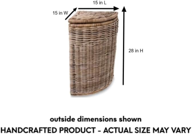 The Basket Lady Corner Wicker Laundry Hamper, 15 in L x 15 in W x 28 in H, Serene Grey…