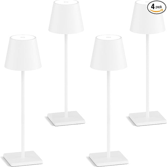 4-Pack Rechargeable Table Lamps, LED Cordless Table Lamp, 3W 6000mAh Battery Operated Table Light, Stepless Dimming Portable Table Light Waterproof for Restaurant/Indoor/Outdoor (White)