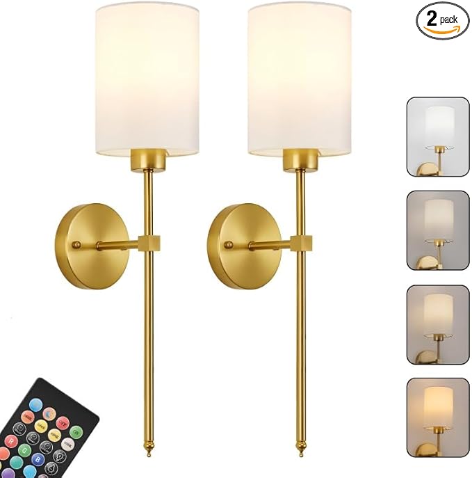 Battery Operated Wall Sconces Set of Two,Wireless Rechargeable Wall Light With Remote Control, Dimmable, 1800K/3000K/4000K/6000K/RGB, Timer, for Living Room, Bedroom, Fireplace, TV, 23.6 Inch, Gold
