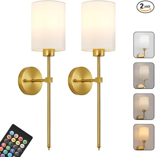 Battery Operated Wall Sconces Set of Two,Wireless Rechargeable Wall Light With Remote Control, Dimmable, 1800K/3000K/4000K/6000K/RGB, Timer, for Living Room, Bedroom, Fireplace, TV, 23.6 Inch, Gold