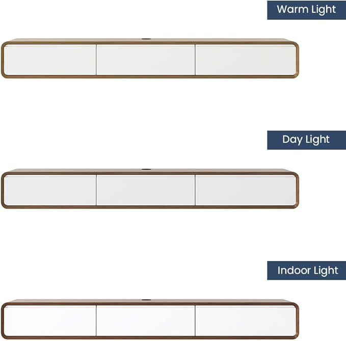 POVISON Fully-Assembled Minimalist Floating TV Stand, Modern Wall-Mounted Entertainment Center with 3 Flip-Down Cabinet Doors, Solid Wood, Walnut Veneer & White, 78"