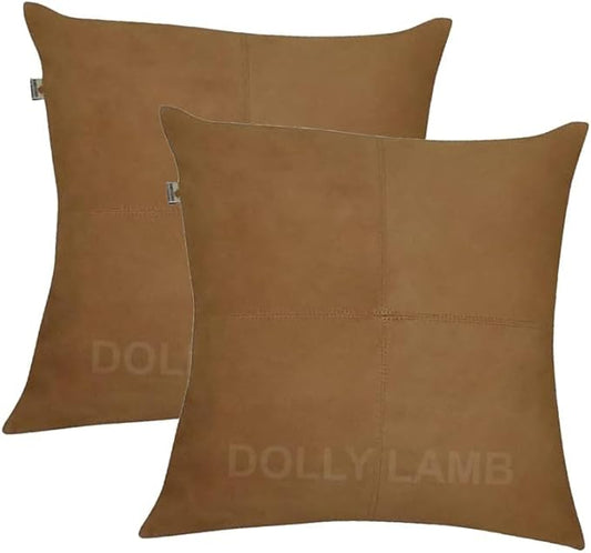 D DOLLY LAMB Lambskin Leather Pillow Cover - Sofa Cushion Case - Decorative Throw Covers for Living Room & Bedroom, 22x22 Inches - Camel Pack of 2