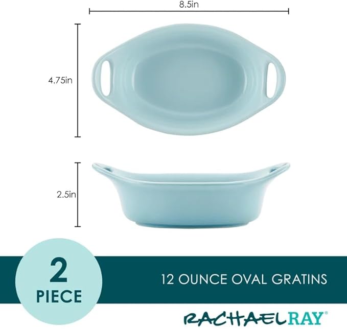 Rachael Ray Solid Glaze Ceramics Au Gratin Bakeware / Baker Set, Oval - 2 Piece, Gray