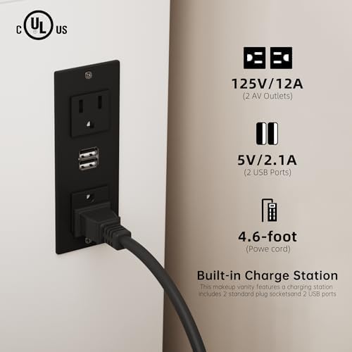 Vanity Desk with Mirror and LED Lights, 43'' W Makeup Vanity Desk with Power Outlet, 3 Color Modes, 7 Drawers Vanity Table with Chair, Dressing Table for Bedroom, Dressing Room