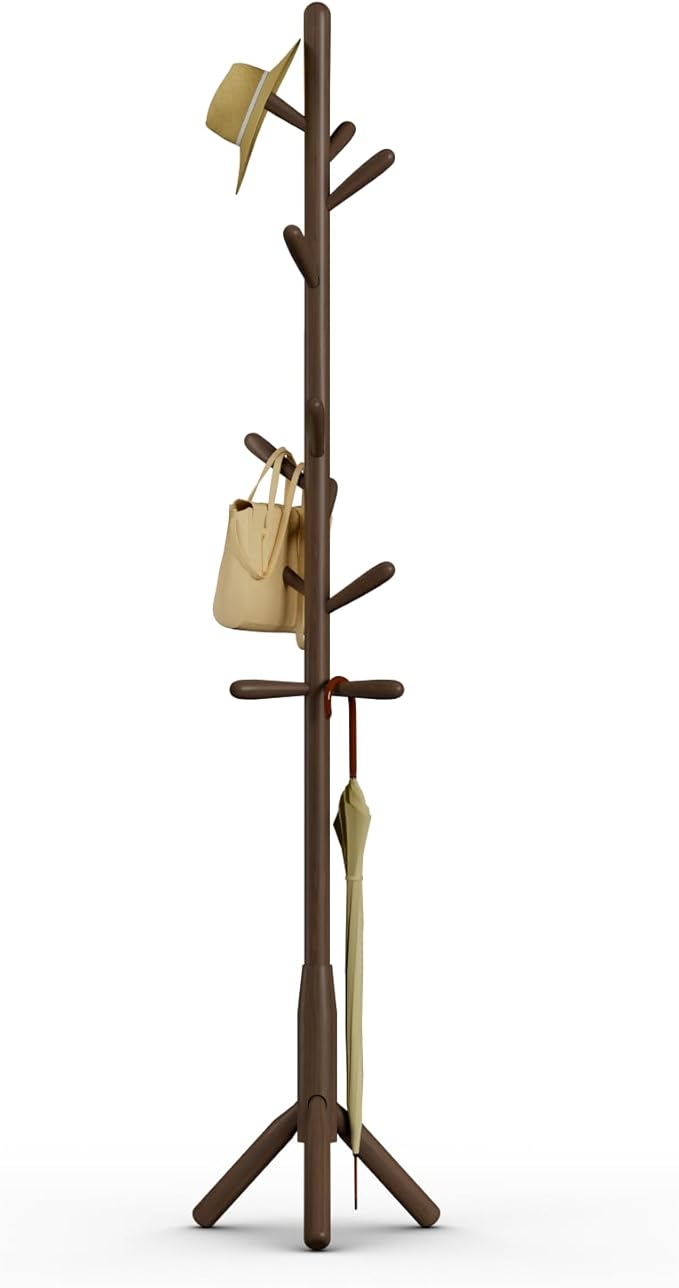 Solid Wood Coat Rack, Freestanding Tree-Shaped Coat Rack with 11 Hooks, Main Pole 1.6" dia,for Clothes, Hat Stand Used in Bedroom/Office/Entryway (3-Leg Base, Dark Walnut)