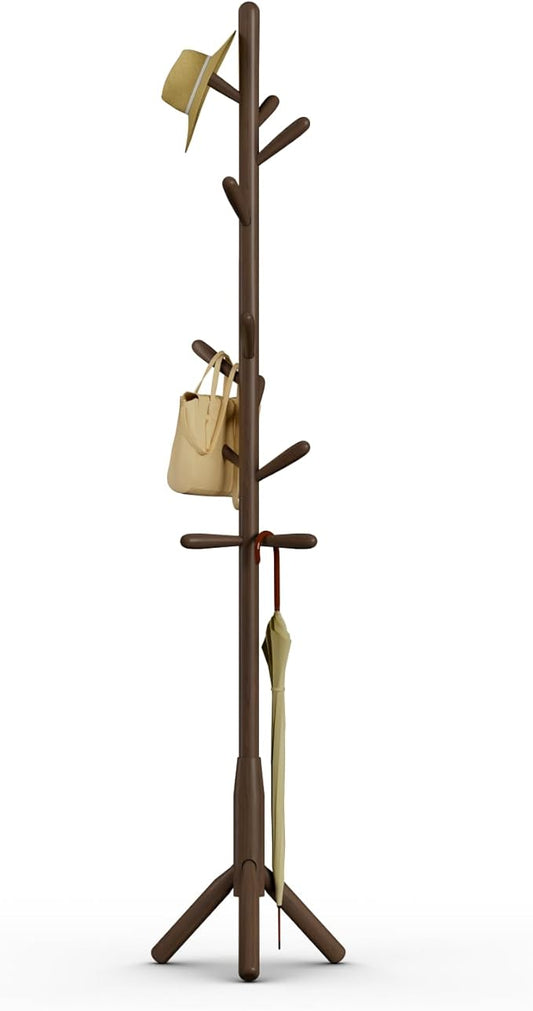 Solid Wood Coat Rack, Freestanding Tree-Shaped Coat Rack with 11 Hooks, Main Pole 1.6" dia,for Clothes, Hat Stand Used in Bedroom/Office/Entryway (3-Leg Base, Dark Walnut)