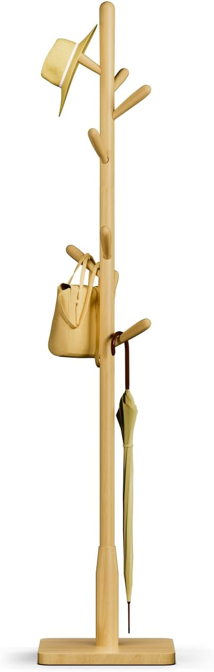 Solid Wood Square Base Coat Rack, Free Standing Hall Coat Tree with 8 Hooks（+2 spare) for Coats, Hats, Bags, Purses, for Entryway, Hallway, Rubberwood Hooks,Base and Pole,(Square Base, Natural Beige)