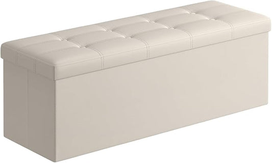 SONGMICS Mazie Collection - 43 Inches Folding Storage Ottoman Bench, Ottoman with Storage, Foot Rest Stool, Load 660 lb, for Living Room, Synthetic Leather, Cream White ULSF70M