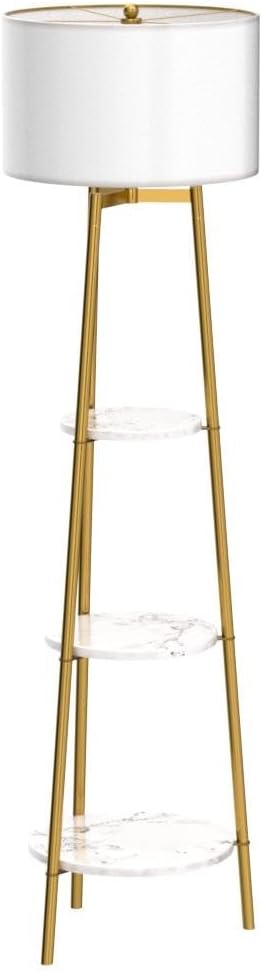 Floor Lamp, Standing Reading Light with Faux Marble Shelves and Fabric Shade, Modern Tall Pole, Accent Furniture Décor Lighting for Living Room, Bedrooms