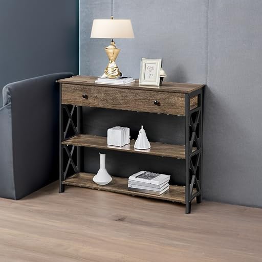 Yaheetech Console Table with Drawer and 2 Open Storage Shelves, Sofa Table for Living Room, 3-Tier Narrow Entryway Table, X-Shaped Design, Taupe Wood